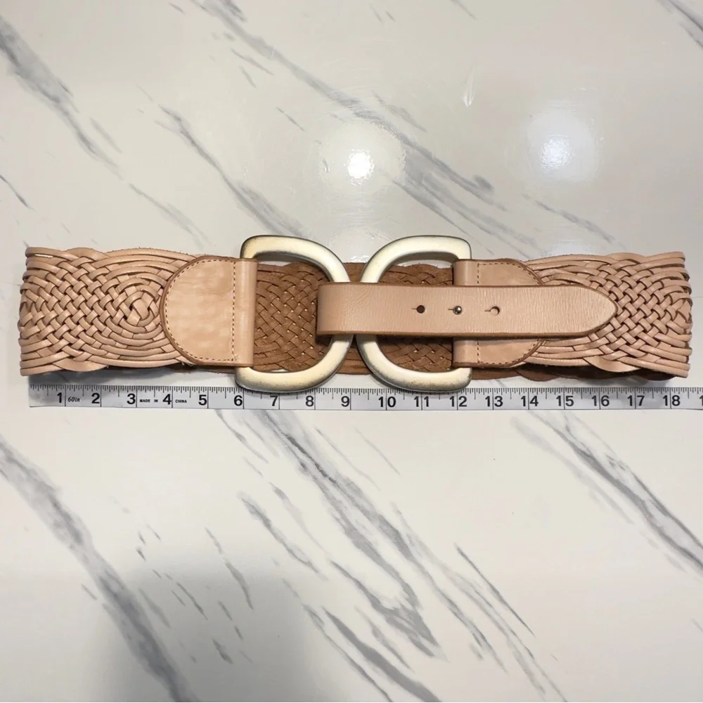 Linea Pelle Braided Leather Belt in Light Tan with Gold Buckles